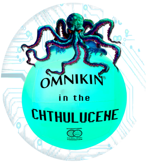collage of an octopus on a Kinball ball that says Omnikin in the Chthulucene