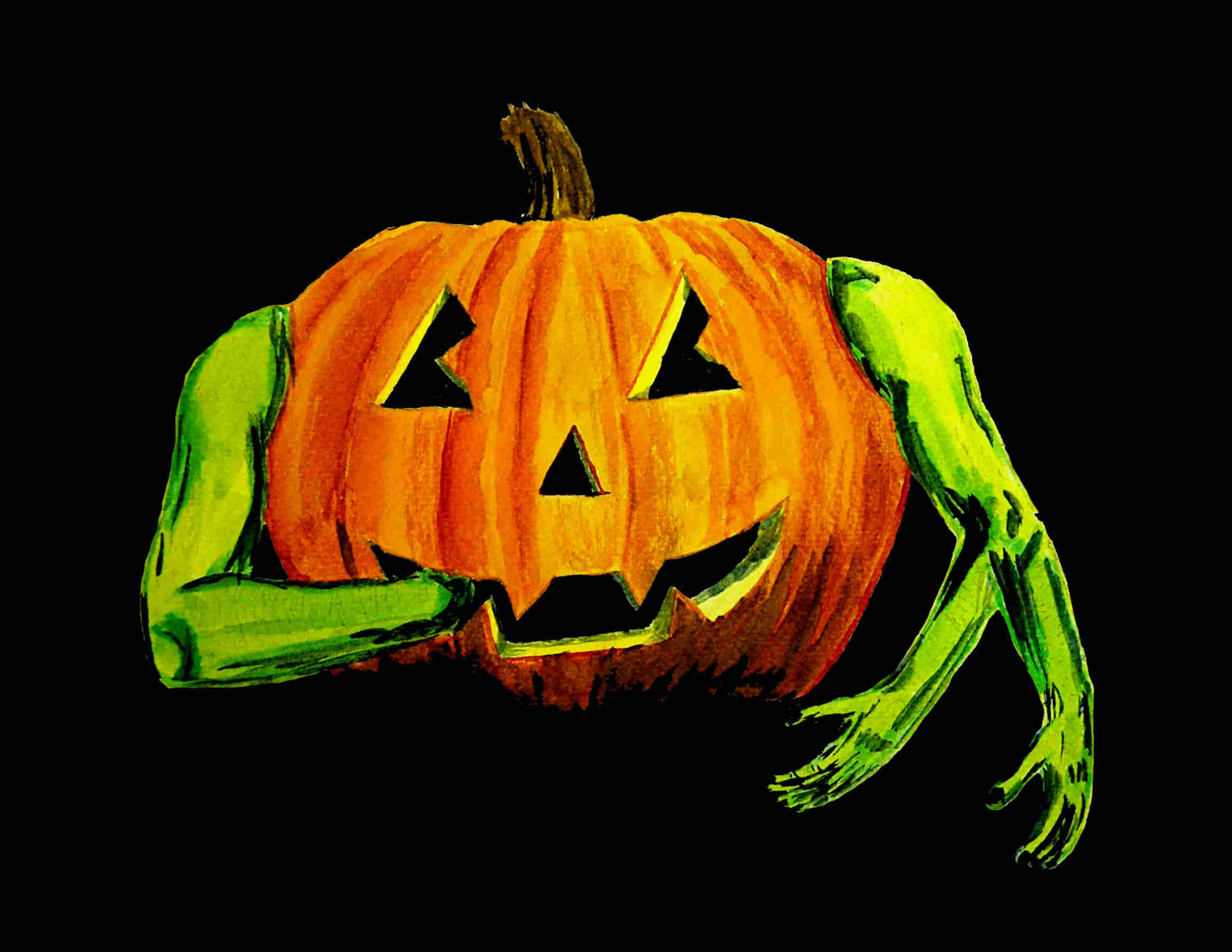 painting of a jack-o-lantern with green arms and a hand in its mouth