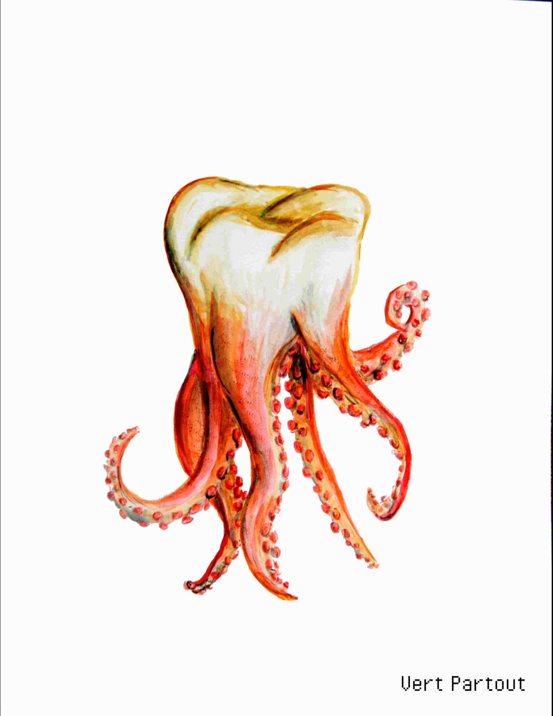 painting of a tooth with tentacles, on a white background