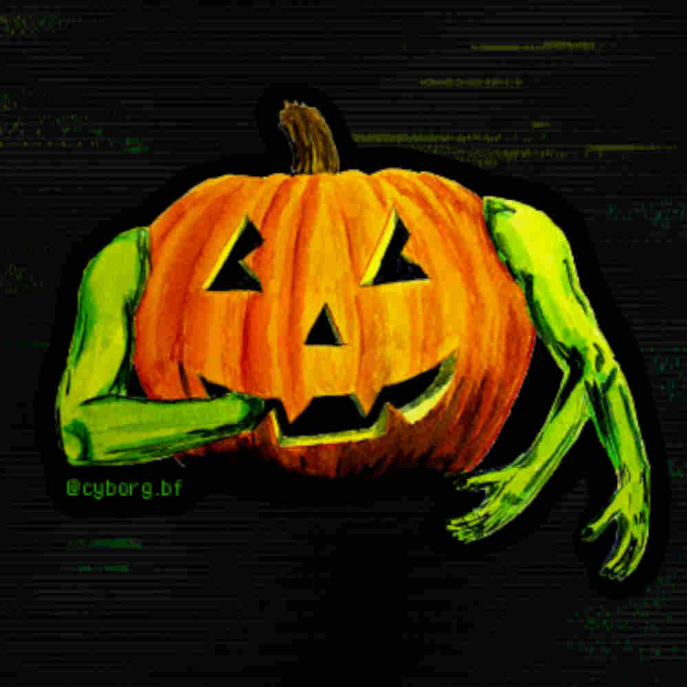 sticker of a painting of a jack-o-lantern with green arms and a hand in its mouth