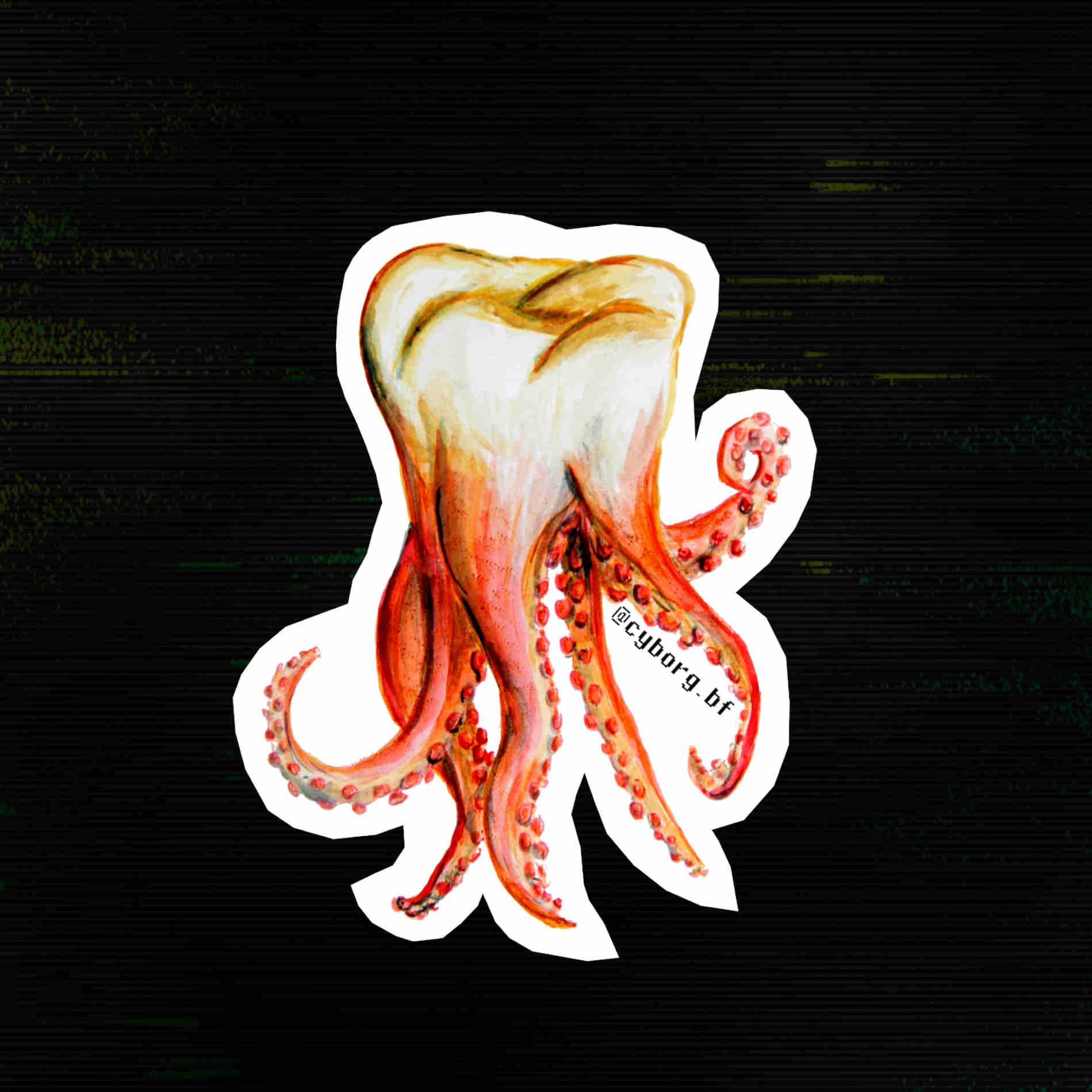 sticker of a painting of a tooth with tentacles