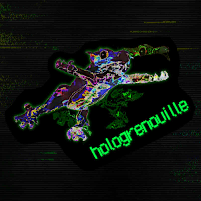 un autocollant d'une grenouille glitchée qui dit 'hologrenouille' 
