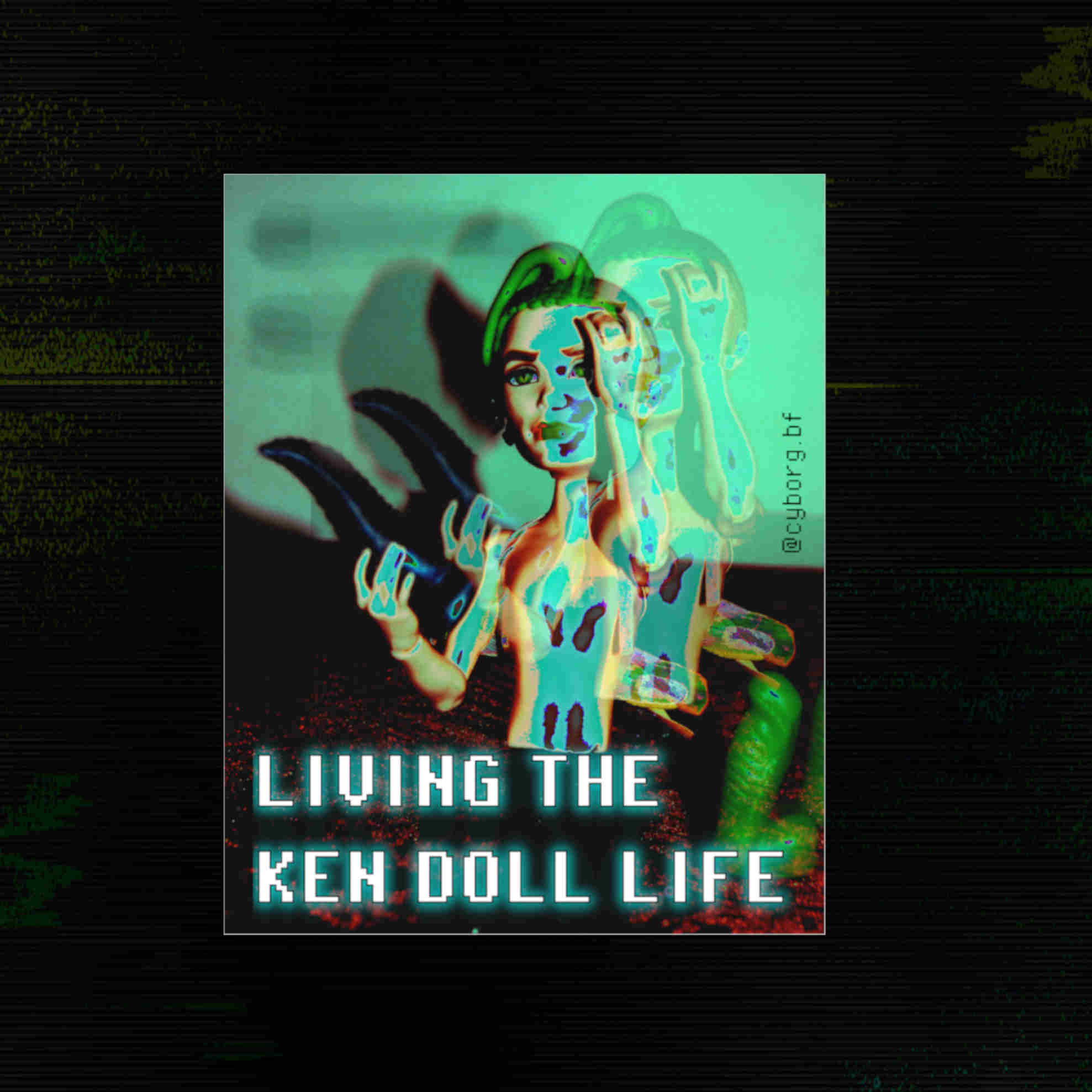 sticker of a doll of a boy holding mini-dildos, that says : Living the Ken doll life