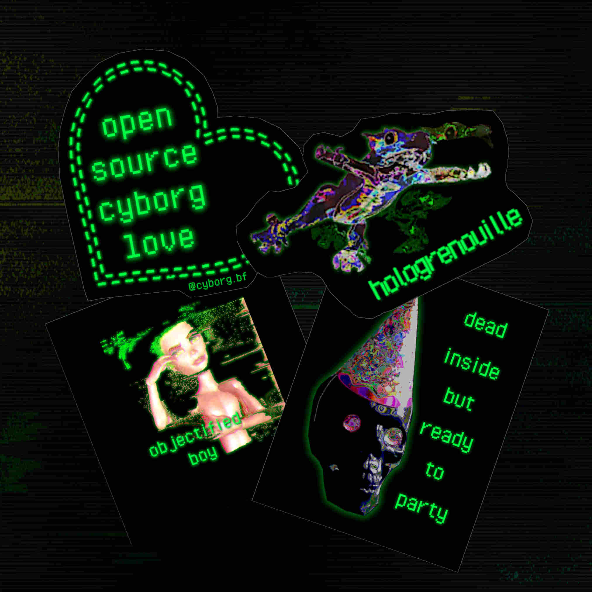 stickers shown above called Open Source Cyborg Love, Hologrenouille, Objectified Boy, Dead Inside